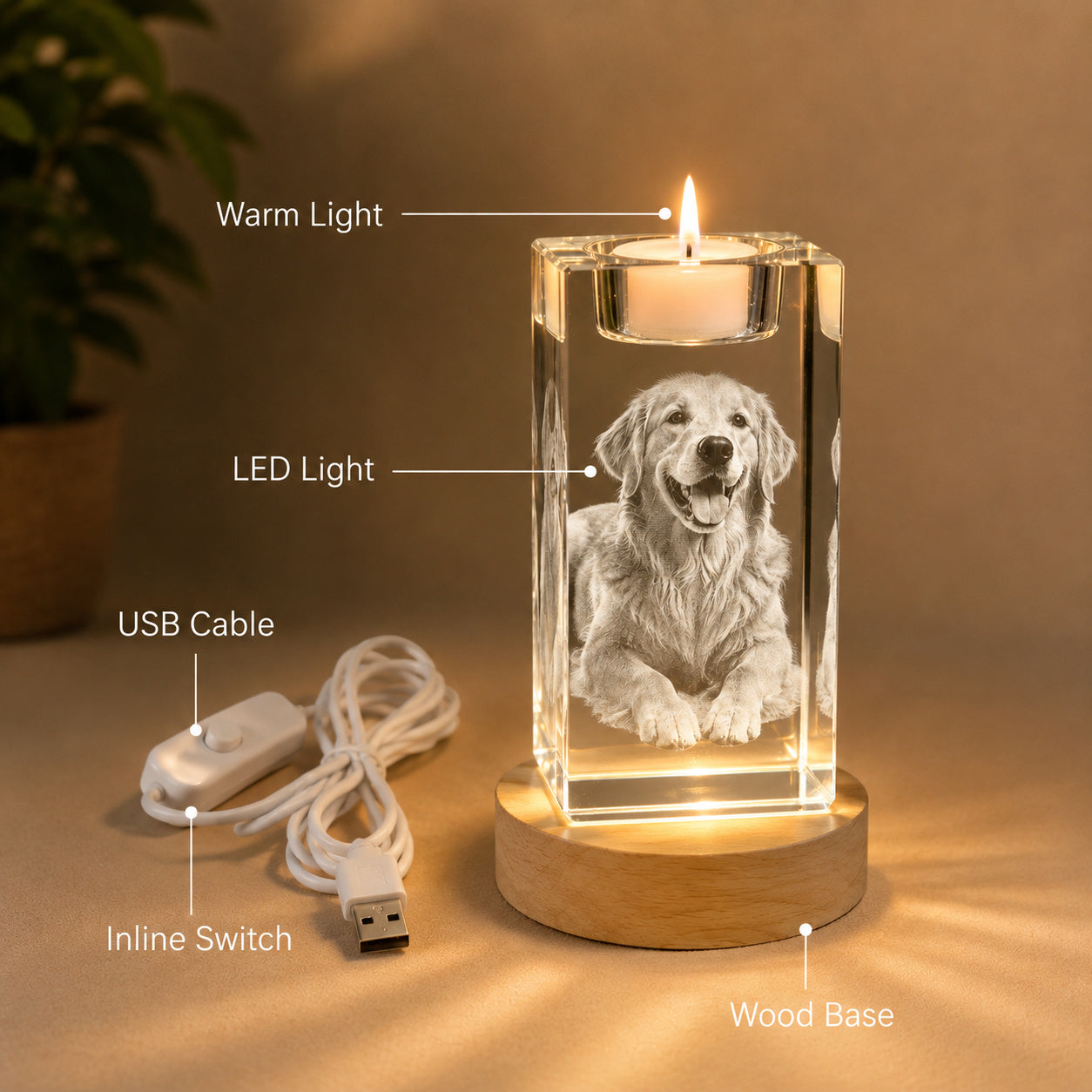 Custom 3D Pet Photo Crystal Memorial Candle Holder with Wood Base