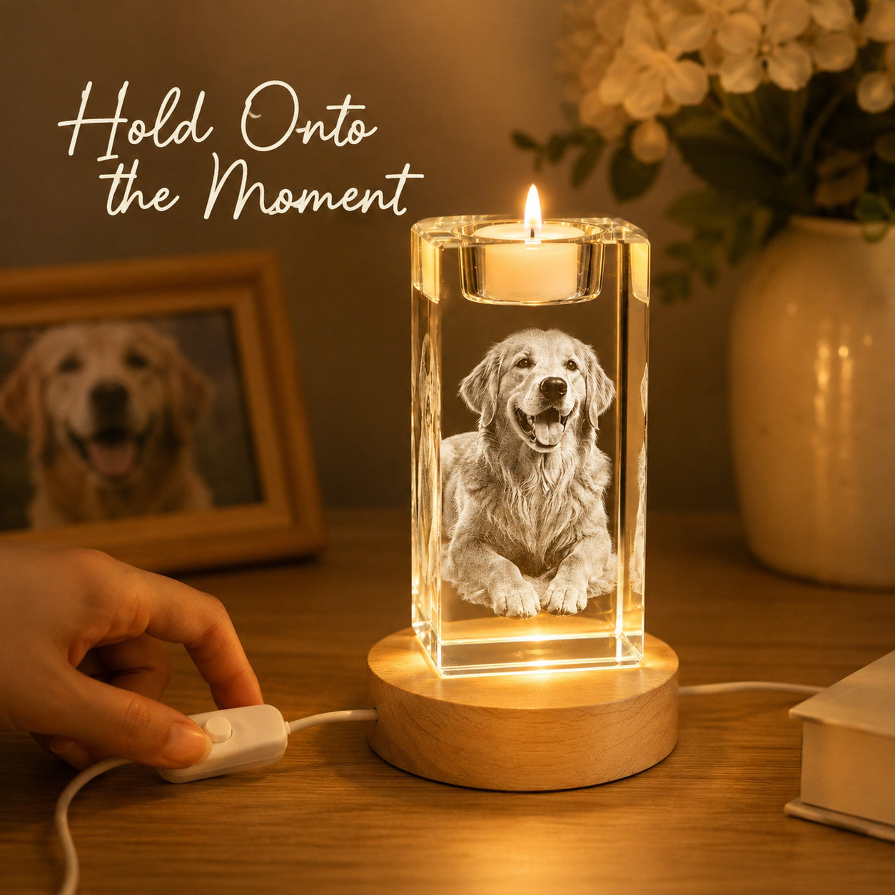 Custom 3D Pet Photo Crystal Memorial Candle Holder with Wood Base