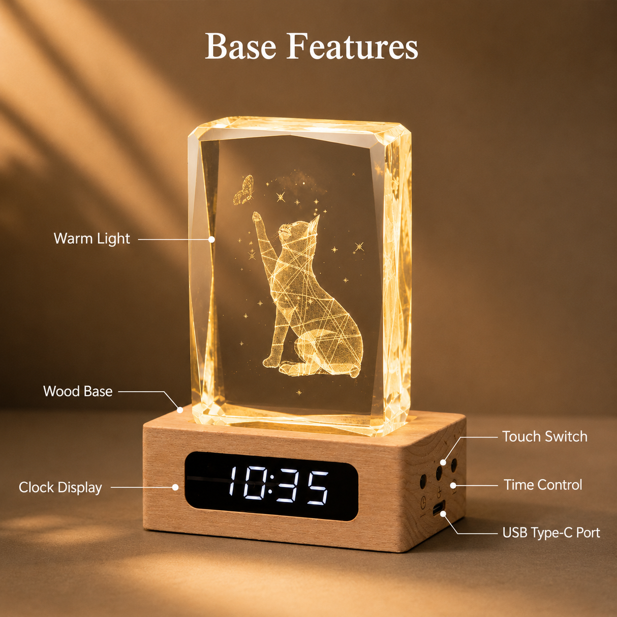 Custom Pet Photo Crystal Memorial Clock with Wood Base