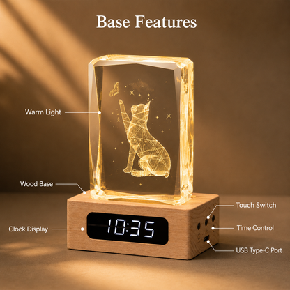 Custom Pet Photo Crystal Memorial Clock with Wood Base
