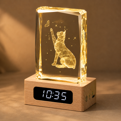 Custom Pet Photo Crystal Memorial Clock with Wood Base