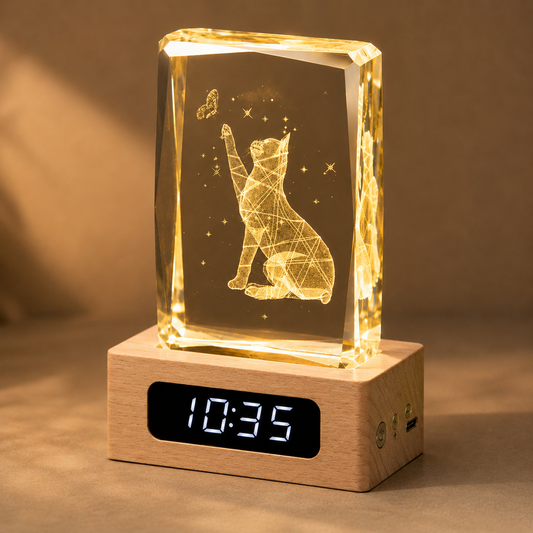 Custom Pet Photo Crystal Memorial Clock with Wood Base