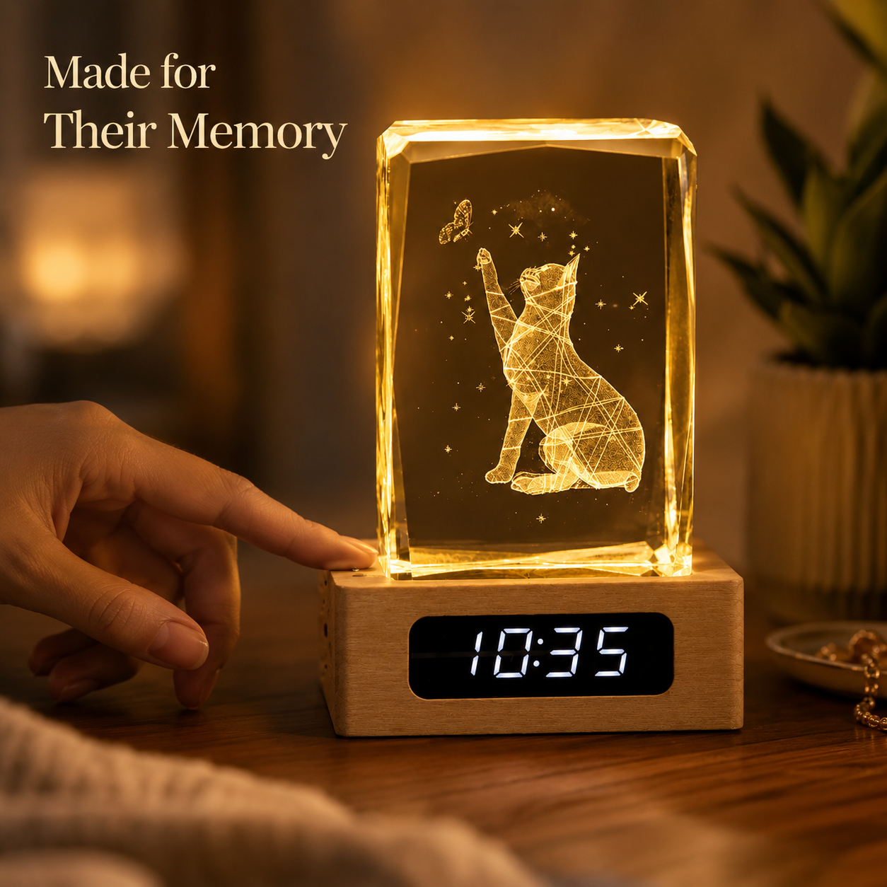 Custom Pet Photo Crystal Memorial Clock with Wood Base