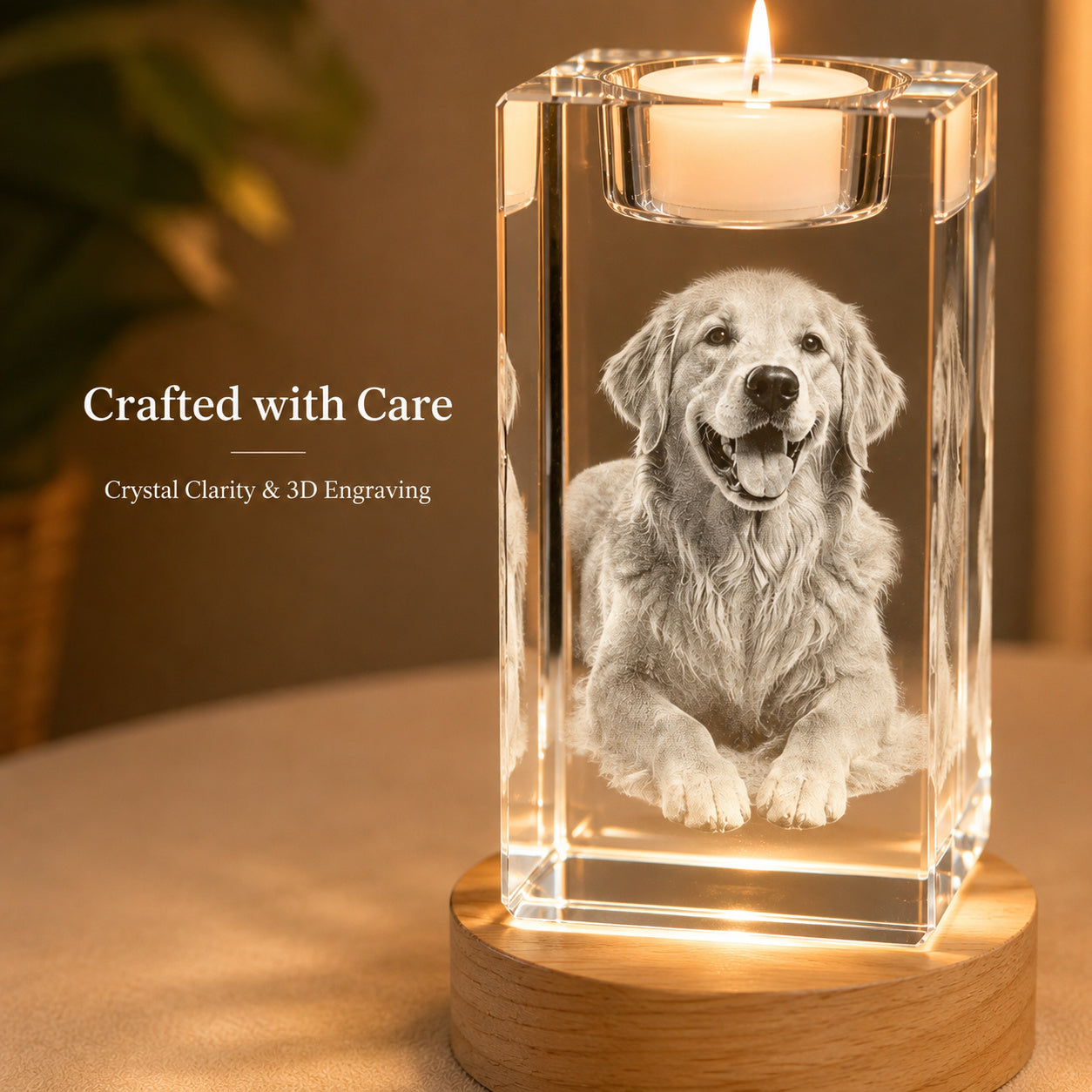 Custom 3D Pet Photo Crystal Memorial Candle Holder with Wood Base