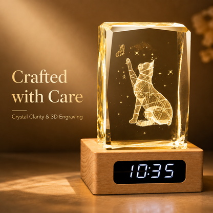 Custom Pet Photo Crystal Memorial Clock with Wood Base