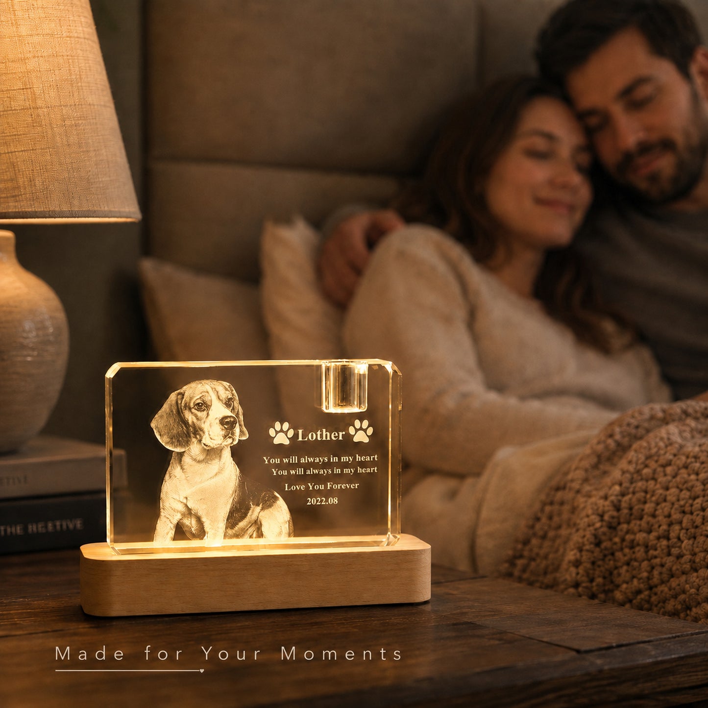 Personalized 3D Crystal Pet Memorial with LED Wood Base