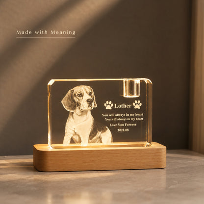 Personalized 3D Crystal Pet Memorial with LED Wood Base