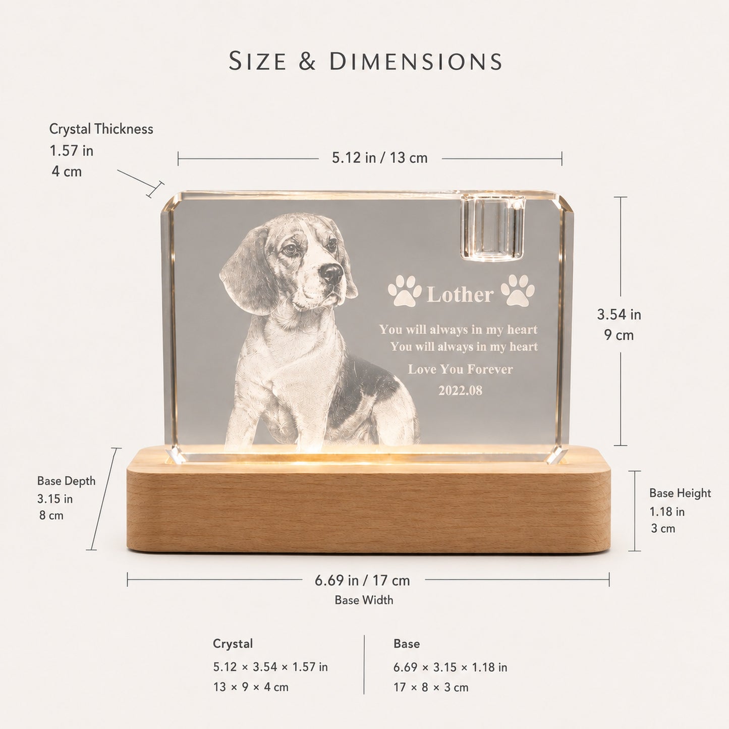Personalized 3D Crystal Pet Memorial with LED Wood Base
