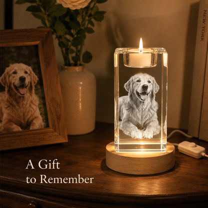 Custom 3D Pet Photo Crystal Memorial Candle Holder with Wood Base