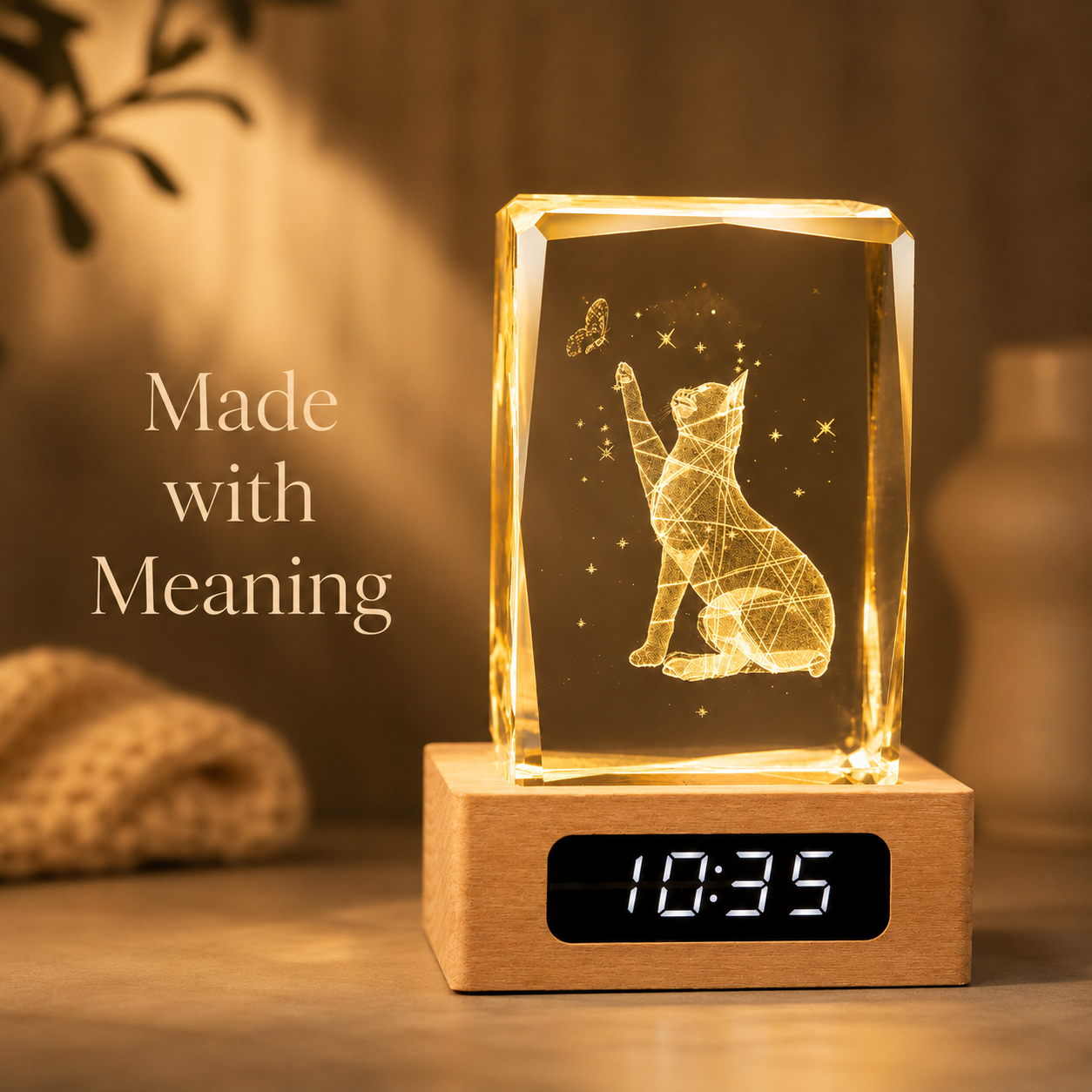 Custom Pet Photo Crystal Memorial Clock with Wood Base