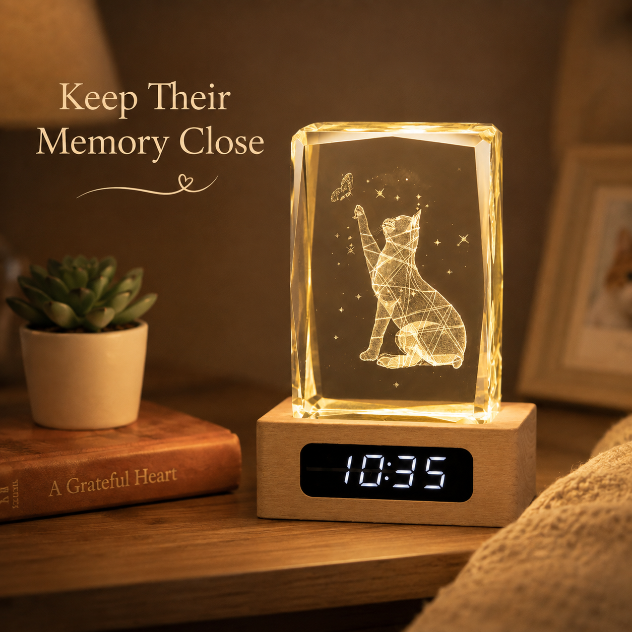Custom Pet Photo Crystal Memorial Clock with Wood Base