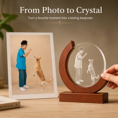 Personalized Crystal Pet Photo Keepsake with Solid Wood Base