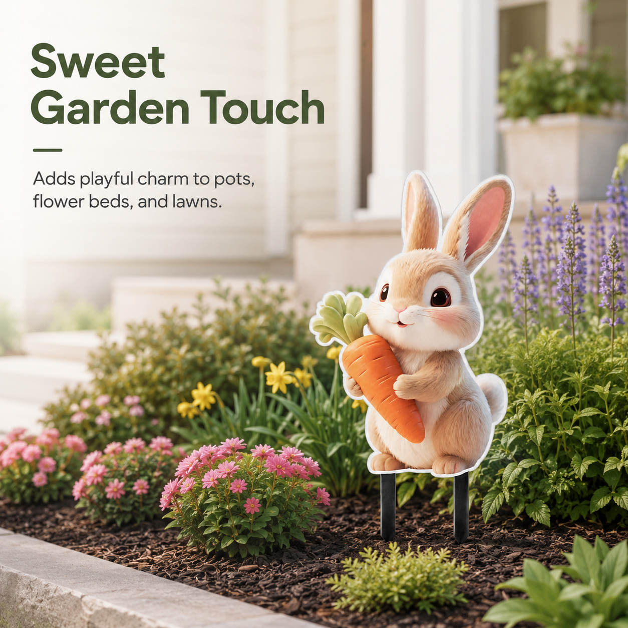 2D Bunny Garden Stake with Carrot for Pots and Lawns