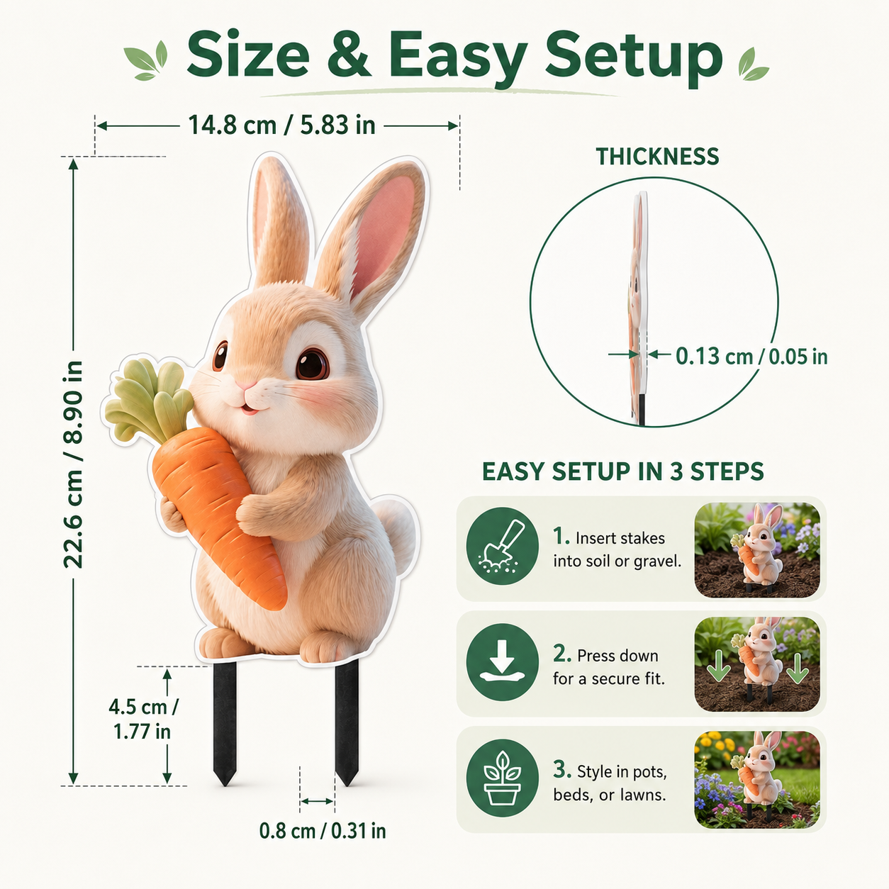 2D Bunny Garden Stake with Carrot for Pots and Lawns