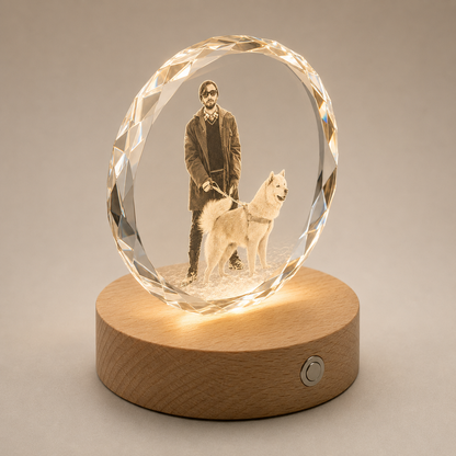 Personalized 3D Crystal Photo Keepsake with Beech Wood Light Base