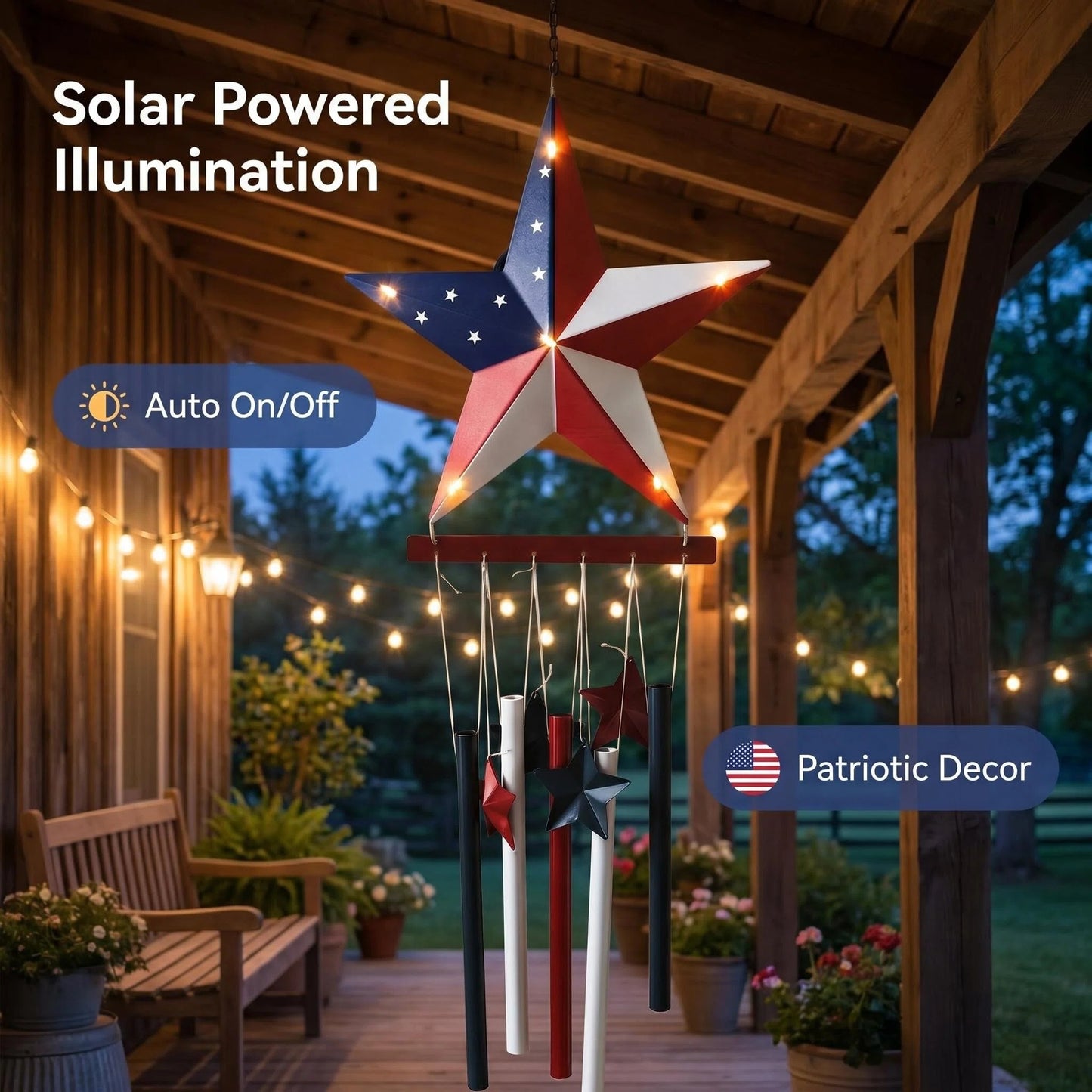 American Star Wind Chime - Solar Metal Garden Decor