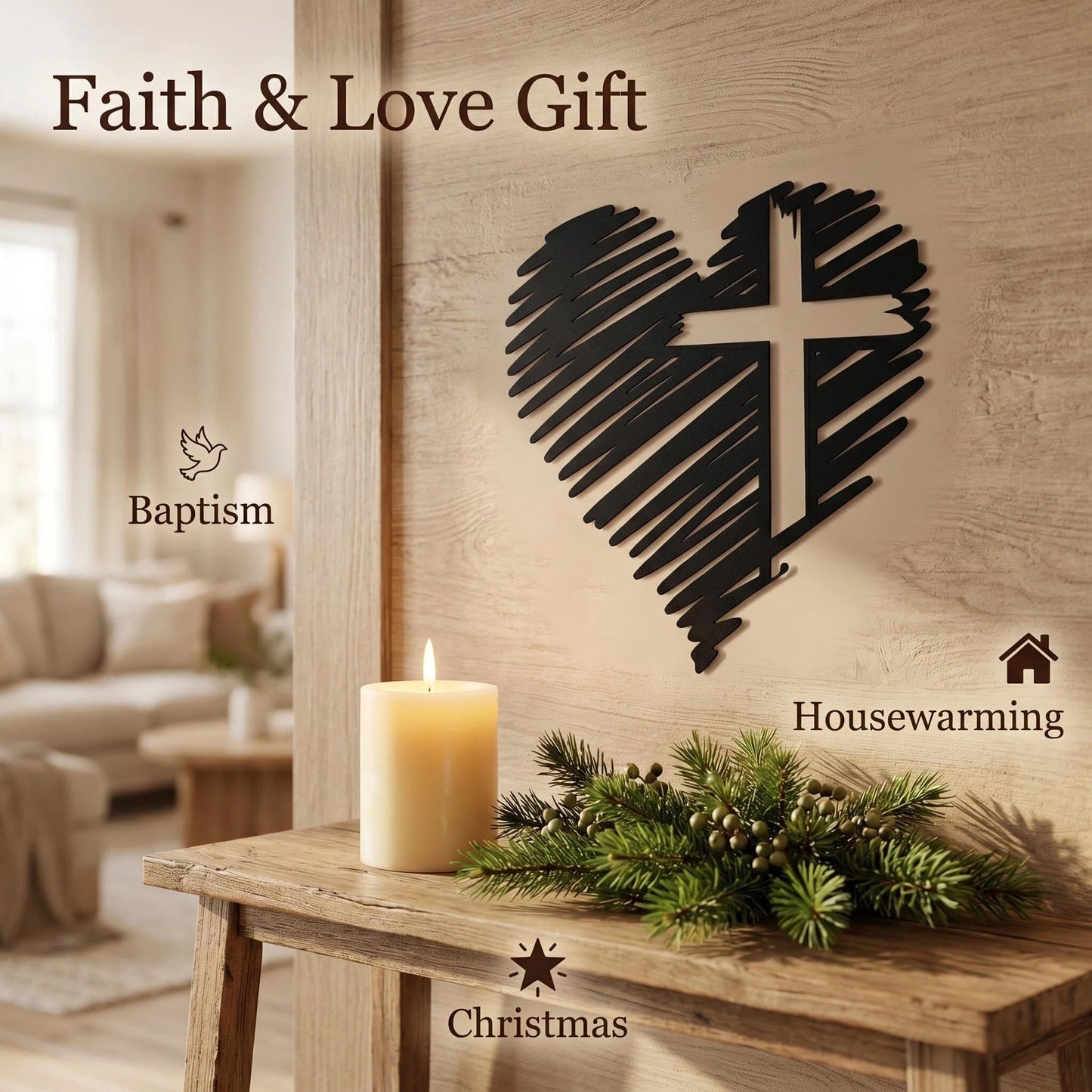 Cross Heart Metal Wall Art, Sketch Design for Home Decor