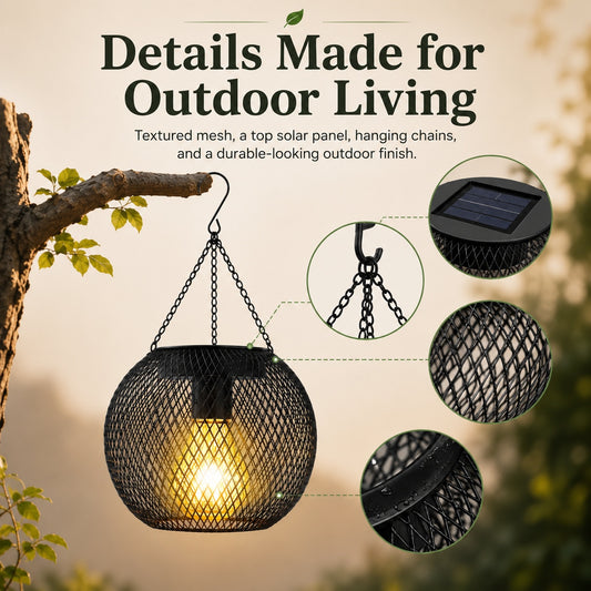 Solar Hanging Lantern with Metal Mesh for Patio & Garden