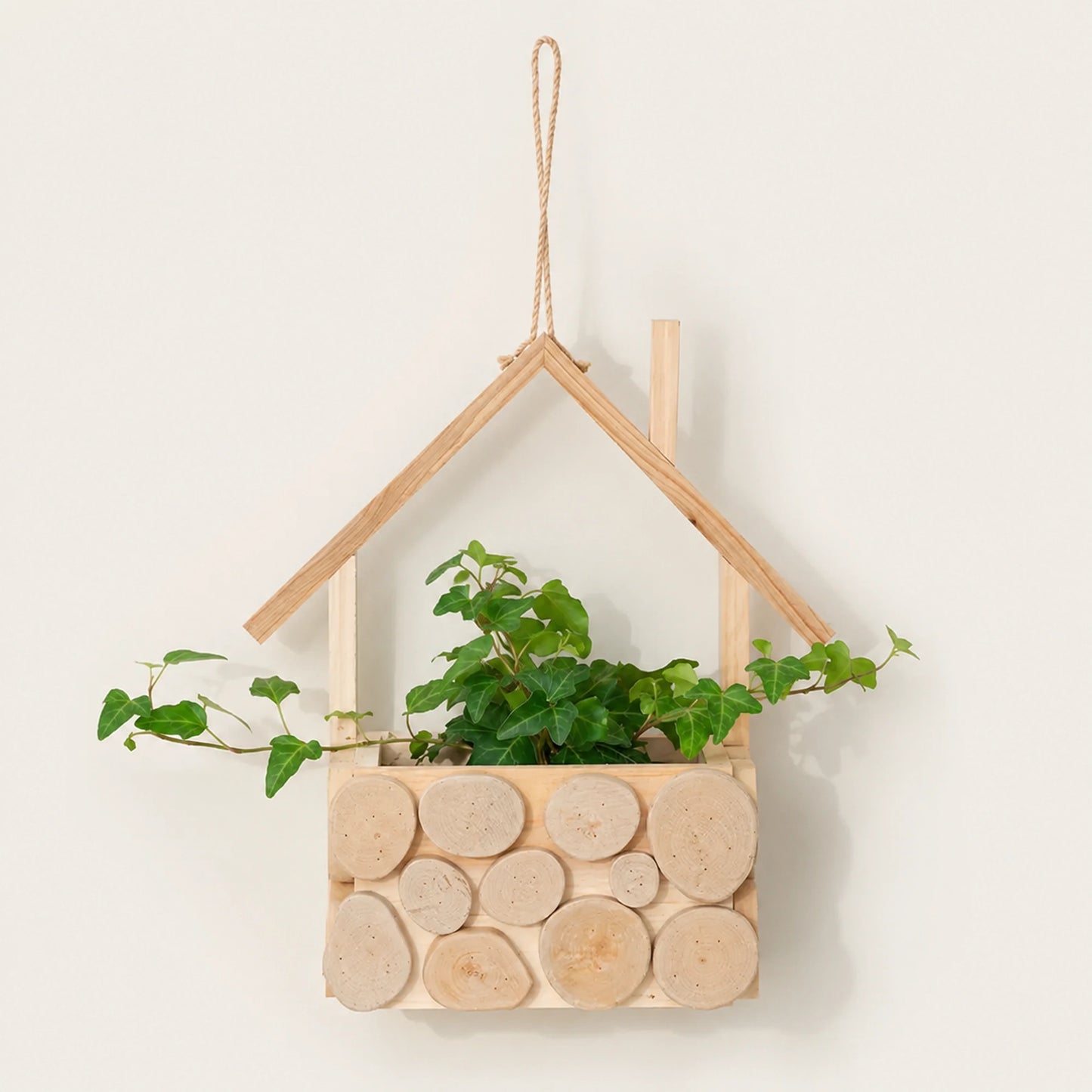 Wooden House Hanging Planter with Glass Pot for Balcony