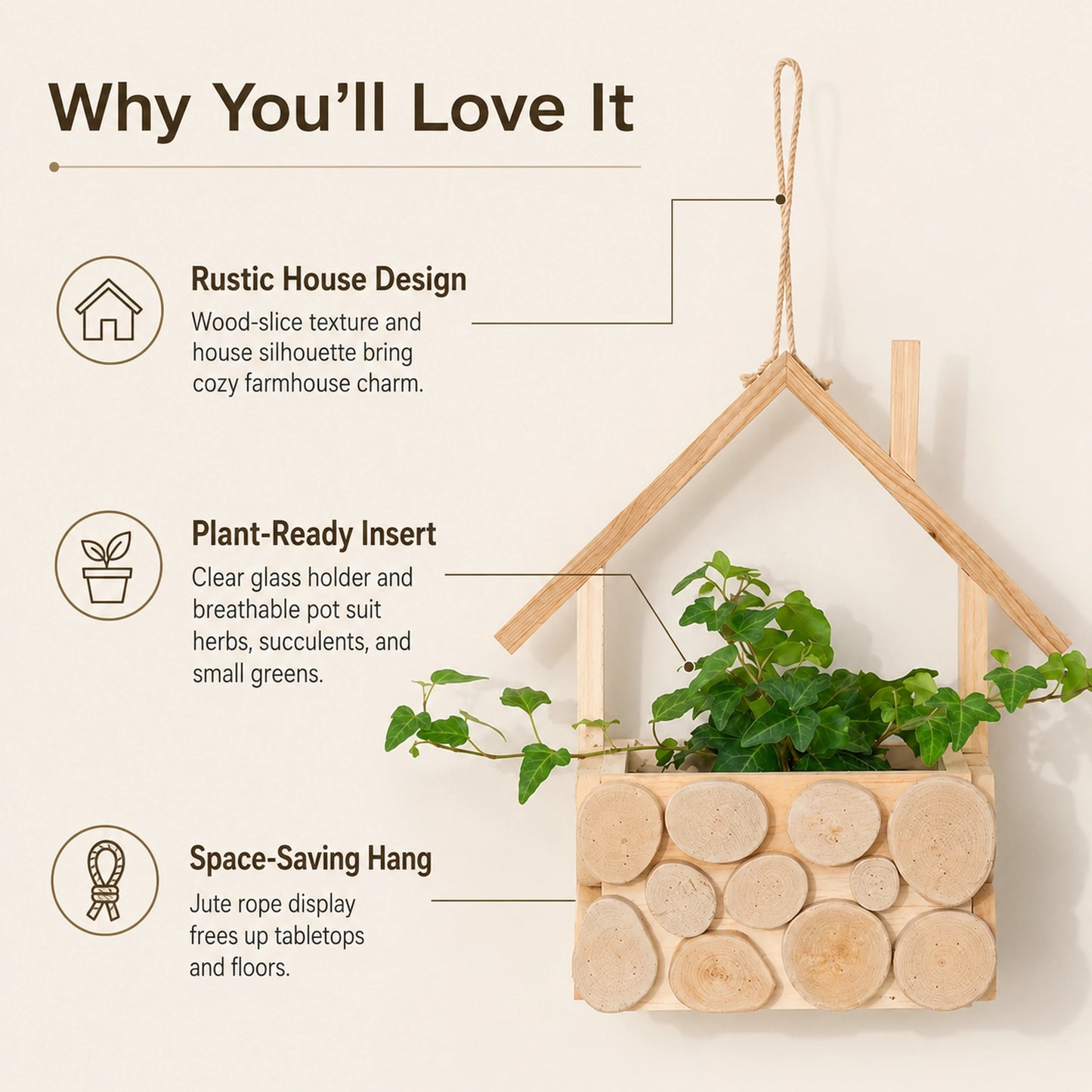 Wooden House Hanging Planter with Glass Pot for Balcony
