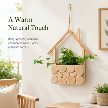 Wooden House Hanging Planter with Glass Pot for Balcony