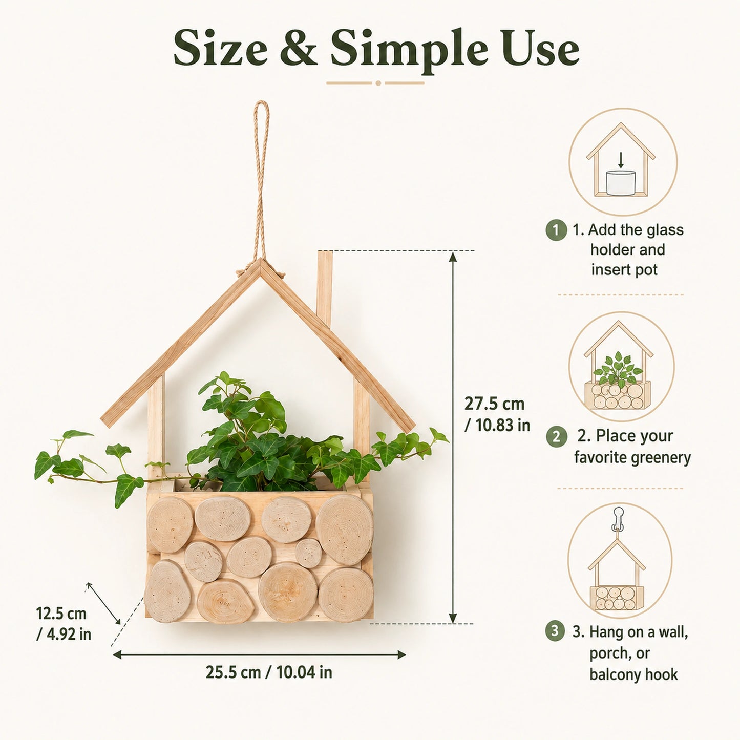 Wooden House Hanging Planter with Glass Pot for Balcony