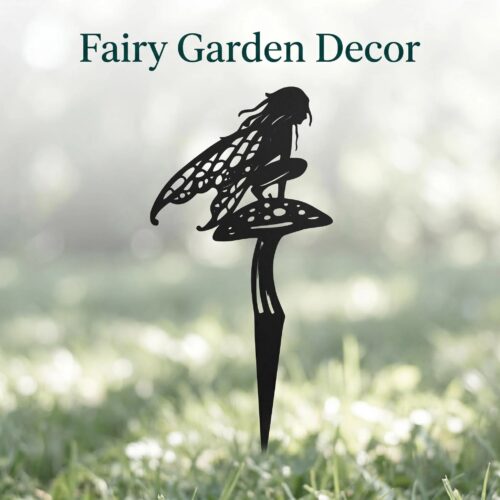 metal fairy on mushroom garden stake outdoor yard decor