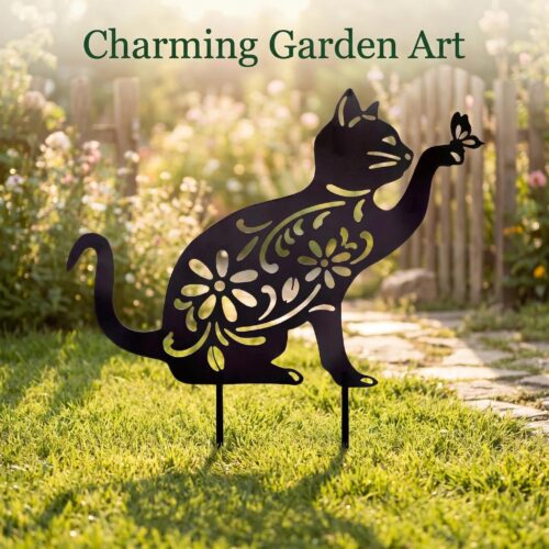 floral cat with butterfly metal garden stake yard decor