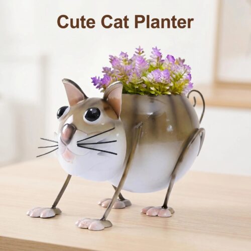 cute metal cat planter for garden and patio decor