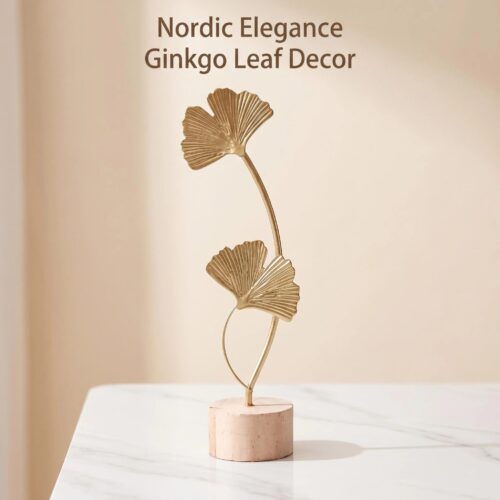 nordic gold ginkgo leaf metal sculpture minimalist iron art decor with wood base for living room, shelf, office tabletop